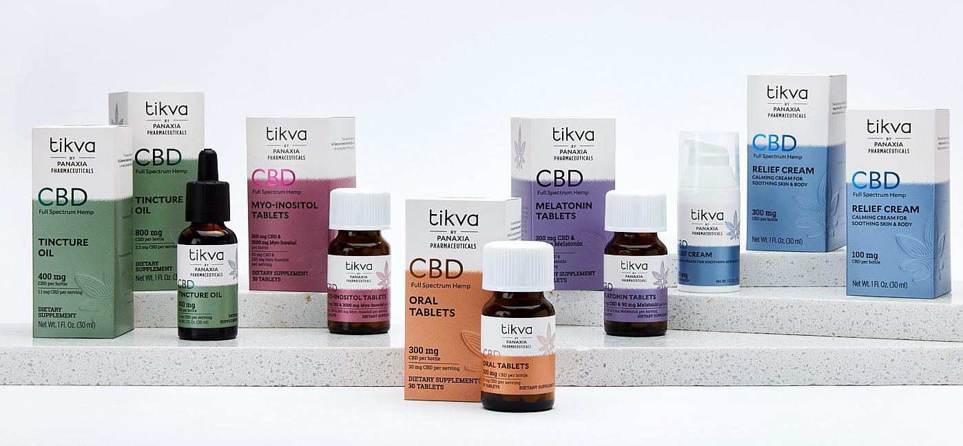 Tikva CBD line of products including CBD Relief Cream, CBD Myo-Inositol Tablets, CBD Oral Tablets, CBD Melatonin Tablets, and CBD Tincture Oil