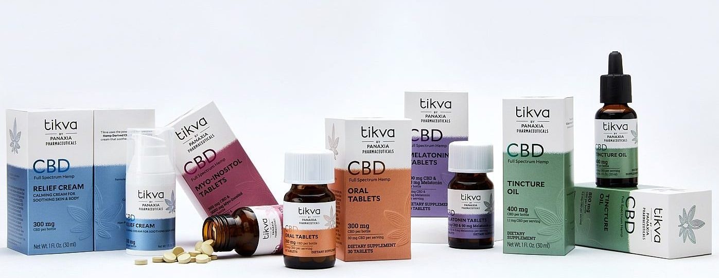 Tikva CBD line of products including CBD Relief Cream, CBD Myo-Inositol Tablets, CBD Oral Tablets, CBD Melatonin Tablets, and CBD Tincture Oil